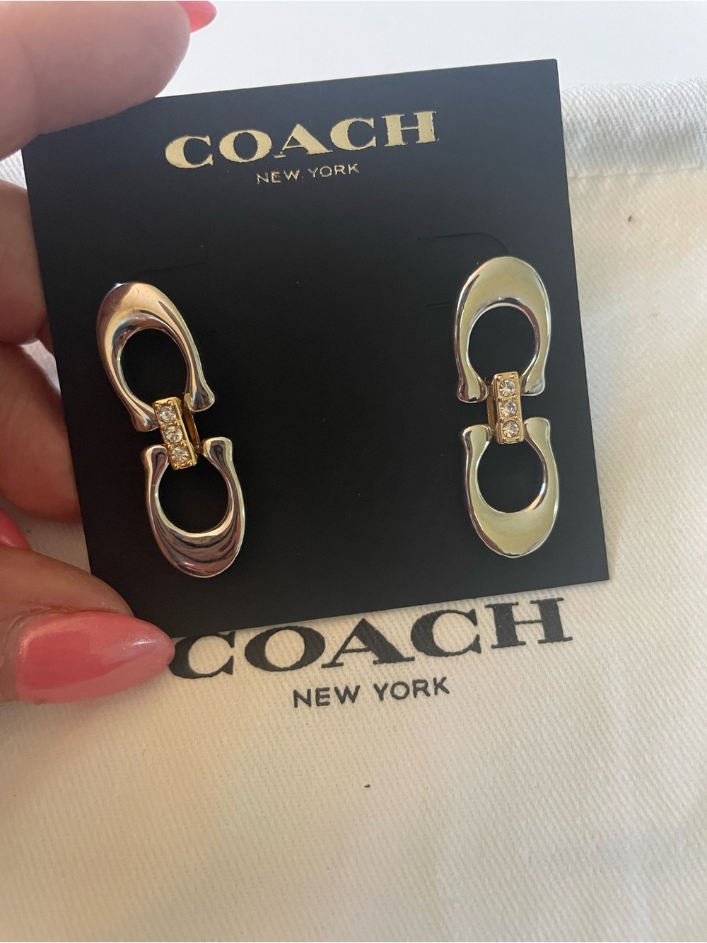 Coach silver Tone Horsebit Drop Earrings with Crystal Links
